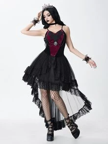 ROMWE Tank Top Camisole Seksi untuk Wanita, Terbuat dari Kain Beludru Gaya Royal Gothic dengan Hiasan Renda dan Rantai Manik-manik - Hitam - View 1