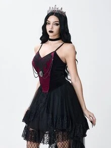 ROMWE Tank Top Camisole Seksi untuk Wanita, Terbuat dari Kain Beludru Gaya Royal Gothic dengan Hiasan Renda dan Rantai Manik-manik - Hitam - View 5