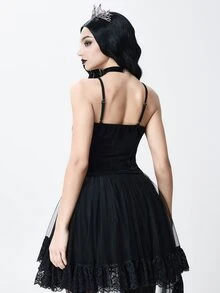 ROMWE Tank Top Camisole Seksi untuk Wanita, Terbuat dari Kain Beludru Gaya Royal Gothic dengan Hiasan Renda dan Rantai Manik-manik - Hitam - View 7