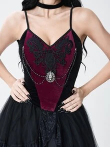 ROMWE Tank Top Camisole Seksi untuk Wanita, Terbuat dari Kain Beludru Gaya Royal Gothic dengan Hiasan Renda dan Rantai Manik-manik - Hitam - View 3