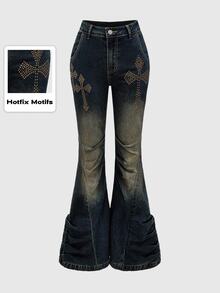 ROMWE Grunge Punk Celana Jeans Skinny Flare Low Waist Gaya Gyaru Shibuya dengan Hiasan Paku Keling Logam Silang dan Detail Rusak untuk Wanita - Biru - View 1