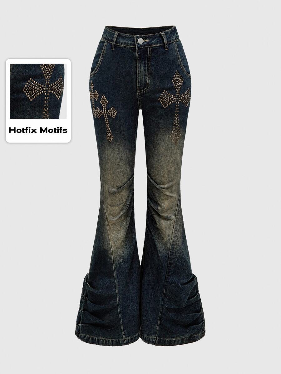 ROMWE Grunge Punk Celana Jeans Skinny Flare Low Waist Gaya Gyaru Shibuya dengan Hiasan Paku Keling Logam Silang dan Detail Rusak untuk Wanita - Biru - View 1