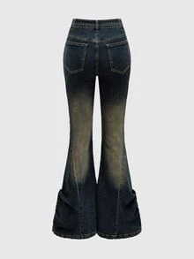 ROMWE Grunge Punk Celana Jeans Skinny Flare Low Waist Gaya Gyaru Shibuya dengan Hiasan Paku Keling Logam Silang dan Detail Rusak untuk Wanita - Biru - View 2