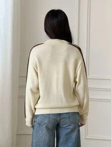 SHEIN PETITE جاكيت كارديجان بأزرار على شكل ضفدع بأسلوب صيني جديد، كنزة صوفية محبوكة بياقة صينية واقفة وأكمام طويلة - لون مشمشي - مشاهدة 2