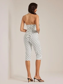 SHEIN Tall Jumpsuit Wanita Motif Polkadot Leher Halter Panjang 3/4 - Hitam dan Putih - View 2