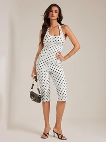 SHEIN Tall Jumpsuit Wanita Motif Polkadot Leher Halter Panjang 3/4 - Hitam dan Putih - View 5