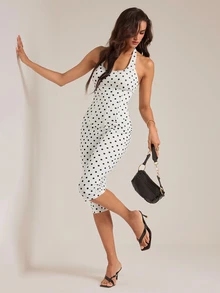 SHEIN Tall Jumpsuit Wanita Motif Polkadot Leher Halter Panjang 3/4 - Hitam dan Putih - View 1