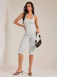 SHEIN Tall Jumpsuit Wanita Motif Polkadot Leher Halter Panjang 3/4 - Hitam dan Putih - View 3