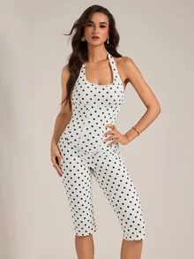 SHEIN Tall Jumpsuit Wanita Motif Polkadot Leher Halter Panjang 3/4 - Hitam dan Putih - View 4