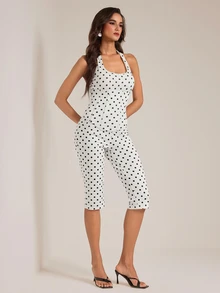 SHEIN Tall Jumpsuit Wanita Motif Polkadot Leher Halter Panjang 3/4 - Hitam dan Putih - View 7
