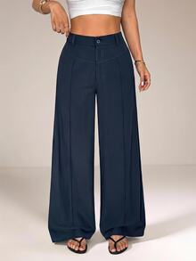 SHEIN PETITE Casual Versatile Solid Color Wide Leg Long Pants,Summer Pants For Women,Work Pants,Summer/All-Season,Country Concert,Going Out,Boho,100% Cotton,Petite - Blue - View 5