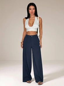 SHEIN PETITE Casual Versatile Solid Color Wide Leg Long Pants,Summer Pants For Women,Work Pants,Summer/All-Season,Country Concert,Going Out,Boho,100% Cotton,Petite - Blue - View 9
