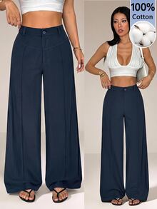 SHEIN PETITE Casual Versatile Solid Color Wide Leg Long Pants,Summer Pants For Women,Work Pants,Summer/All-Season,Country Concert,Going Out,Boho,100% Cotton,Petite - Blue - View 10