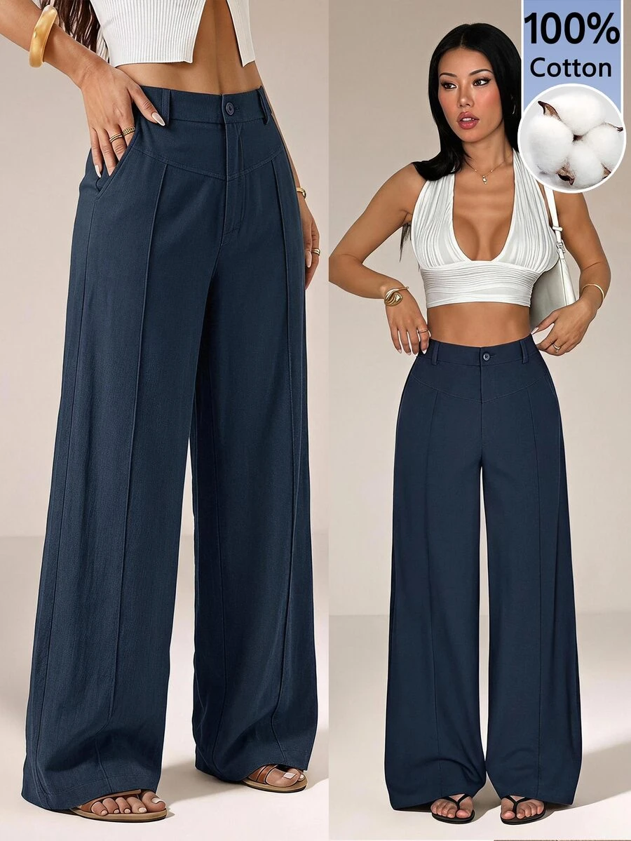 SHEIN PETITE Casual Versatile Solid Color Wide Leg Long Pants,Summer Pants For Women,Work Pants,Summer/All-Season,Country Concert,Going Out,Boho,100% Cotton,Petite