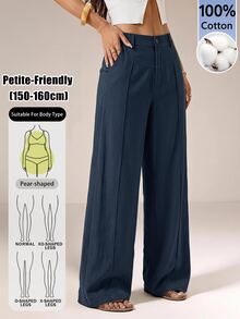 SHEIN PETITE Casual Versatile Solid Color Wide Leg Long Pants,Summer Pants For Women,Work Pants,Summer/All-Season,Country Concert,Going Out,Boho,100% Cotton,Petite - Blue - View 12