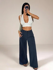 SHEIN PETITE Casual Versatile Solid Color Wide Leg Long Pants,Summer Pants For Women,Work Pants,Summer/All-Season,Country Concert,Going Out,Boho,100% Cotton,Petite - Blue - View 7