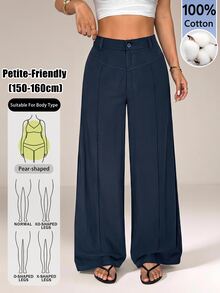 SHEIN PETITE Casual Versatile Solid Color Wide Leg Long Pants,Summer Pants For Women,Work Pants,Summer/All-Season,Country Concert,Going Out,Boho,100% Cotton,Petite - Blue - View 11