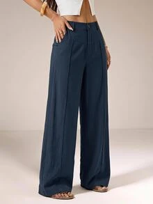 SHEIN PETITE Casual Versatile Solid Color Wide Leg Long Pants,Summer Pants For Women,Work Pants,Summer/All-Season,Country Concert,Going Out,Boho,100% Cotton,Petite - Blue - View 6