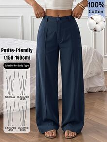 SHEIN PETITE Casual Versatile Solid Color Wide Leg Long Pants,Summer Pants For Women,Work Pants,Summer/All-Season,Country Concert,Going Out,Boho,100% Cotton,Petite - Blue - View 13
