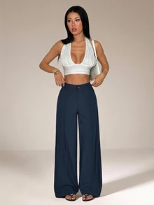 SHEIN PETITE Casual Versatile Solid Color Wide Leg Long Pants,Summer Pants For Women,Work Pants,Summer/All-Season,Country Concert,Going Out,Boho,100% Cotton,Petite - Blue - View 8