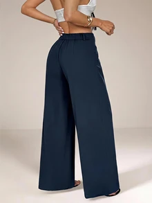 SHEIN PETITE Casual Versatile Solid Color Wide Leg Long Pants,Summer Pants For Women,Work Pants,Summer/All-Season,Country Concert,Going Out,Boho,100% Cotton,Petite - Blue - View 3