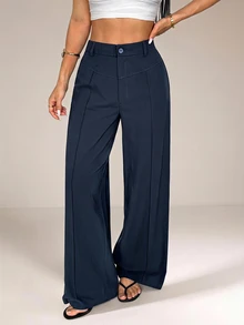 SHEIN PETITE Casual Versatile Solid Color Wide Leg Long Pants,Summer Pants For Women,Work Pants,Summer/All-Season,Country Concert,Going Out,Boho,100% Cotton,Petite - Blue - View 4