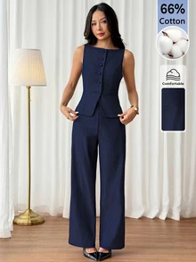 SHEIN PETITE طقم بدلة كاجوال نسائي بلون موحد مع سترة بصف واحد من الأزرار وبنطال - أزرق بحري - مشاهدة 4