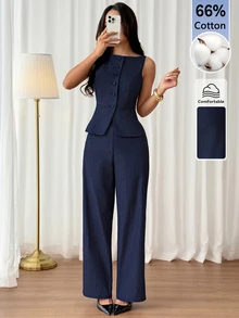 SHEIN PETITE طقم بدلة كاجوال نسائي بلون موحد مع سترة بصف واحد من الأزرار وبنطال - أزرق بحري - مشاهدة 3