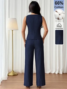 SHEIN PETITE طقم بدلة كاجوال نسائي بلون موحد مع سترة بصف واحد من الأزرار وبنطال - أزرق بحري - مشاهدة 2