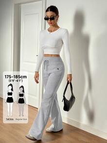 SHEIN Tall Women's Embroidery Flare Pants, Fashionable Design Suitable For Summer,Fall - Grey - View 6