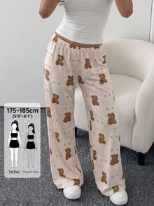 SHEIN Tall Tall Women's Plaid Cartoon Bear Print Drawstring Waist Wide Leg Casual Pants, Tall Women - Apricot - View 9
