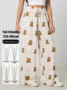 SHEIN Tall Tall Women's Plaid Cartoon Bear Print Drawstring Waist Wide Leg Casual Pants, Tall Women - Apricot - View 1