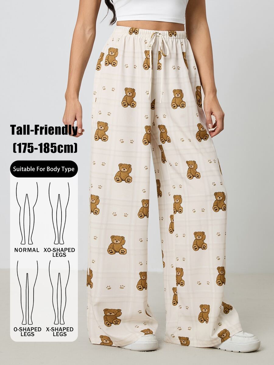 SHEIN Tall Tall Women's Plaid Cartoon Bear Print Drawstring Waist Wide Leg Casual Pants, Tall Women - Apricot - View 1