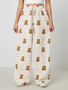 SHEIN Tall Tall Women's Plaid Cartoon Bear Print Drawstring Waist Wide Leg Casual Pants, Tall Women - Apricot - View 5
