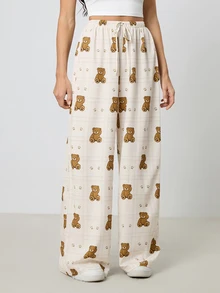 SHEIN Tall Tall Women's Plaid Cartoon Bear Print Drawstring Waist Wide Leg Casual Pants, Tall Women - Apricot - View 7