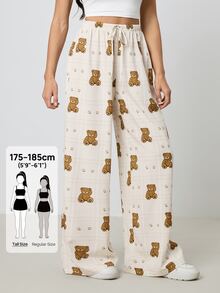 SHEIN Tall Tall Women's Plaid Cartoon Bear Print Drawstring Waist Wide Leg Casual Pants, Tall Women - Apricot - View 6