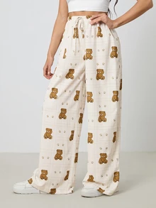 SHEIN Tall Tall Women's Plaid Cartoon Bear Print Drawstring Waist Wide Leg Casual Pants, Tall Women - Apricot - View 4