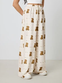 SHEIN Tall Tall Women's Plaid Cartoon Bear Print Drawstring Waist Wide Leg Casual Pants, Tall Women - Apricot - View 3