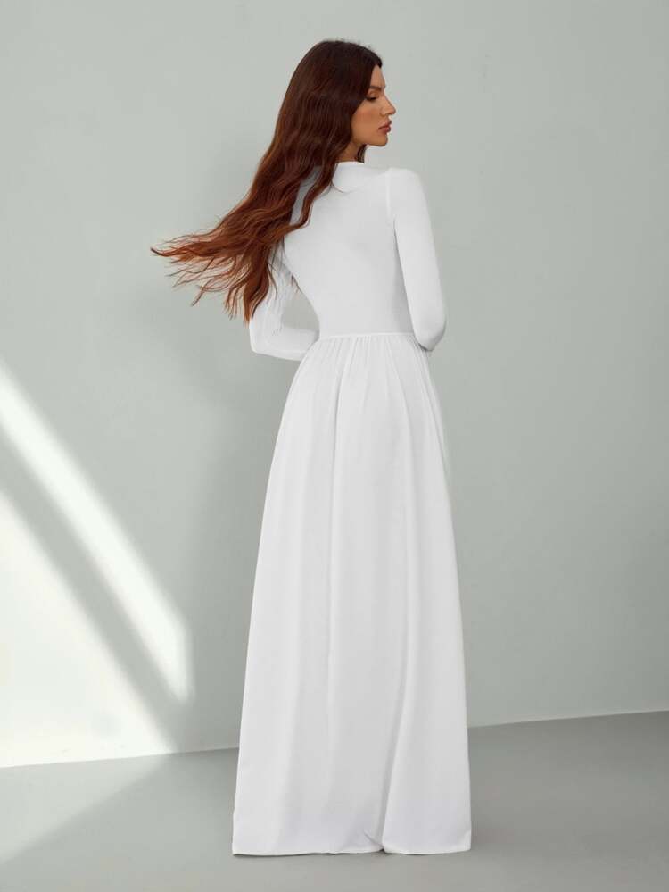 SHEIN Tall 高個女生專屬新款性感船領白色長袖秋冬保暖百搭修身超長洋裝，秋季婚禮賓客禮服 - 白色 - 查看 2