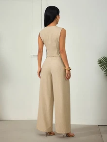 SHEIN PETITE Women's Vest & Pants Suit Set - Apricot - View 9