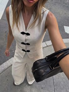 SHEIN PETITE Women's Vest & Pants Suit Set - Apricot - View 2