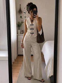 SHEIN PETITE Women's Vest & Pants Suit Set - Apricot - View 8