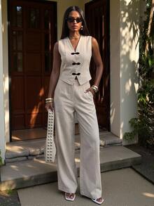 SHEIN PETITE Women's Vest & Pants Suit Set - Apricot - View 7