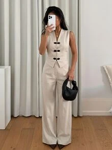 SHEIN PETITE Women's Vest & Pants Suit Set - Apricot - View 4