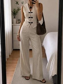 SHEIN PETITE Women's Vest & Pants Suit Set - Apricot - View 3