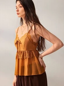 Willow Rêve Women's Brown Fitted Camisole Top, Floral Lace Patchwork, Front Tie Ruffle Hem Design, French Bohemian Style, Summer Vacation Music Festival Brunch - Yellow - View 6
