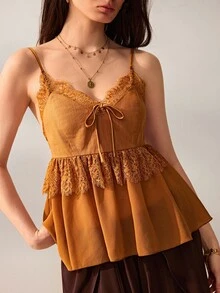 Willow Rêve Women's Brown Fitted Camisole Top, Floral Lace Patchwork, Front Tie Ruffle Hem Design, French Bohemian Style, Summer Vacation Music Festival Brunch - Yellow - View 5