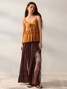 Willow Rêve Women's Brown Fitted Camisole Top, Floral Lace Patchwork, Front Tie Ruffle Hem Design, French Bohemian Style, Summer Vacation Music Festival Brunch - Yellow - View 3