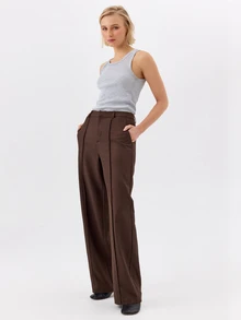 KÆRIA Hus High Rise Pintuck Wide Leg Pants - Fluid Comfort Stretch - Chocolate - Matching Suit, Workwear - Brown - View 5