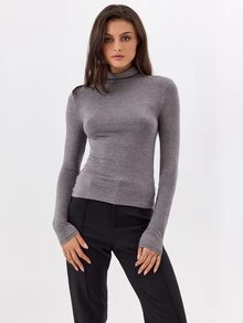 KÆRIA Hus Fitted Roll Neck Top - Comfort Stretch Contour - Heather Grey - Elegant, Casual, Layering, Workwear - Grey - View 5
